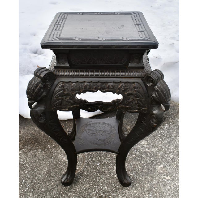 Wood Antique Carved Chinese Two Tier Table W/Craved Birds For Sale - Image 7 of 14