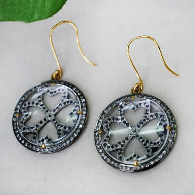 Metal 925 Sterling Silver Natural Black Diamond Earrings 14k Yellow Gold Hook Earring, A Pair For Sale - Image 7 of 10