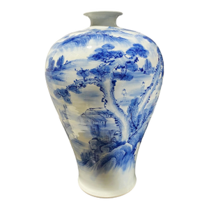 Vintage Chinoiserie Blue & White Meiping Plum Vase 19" H