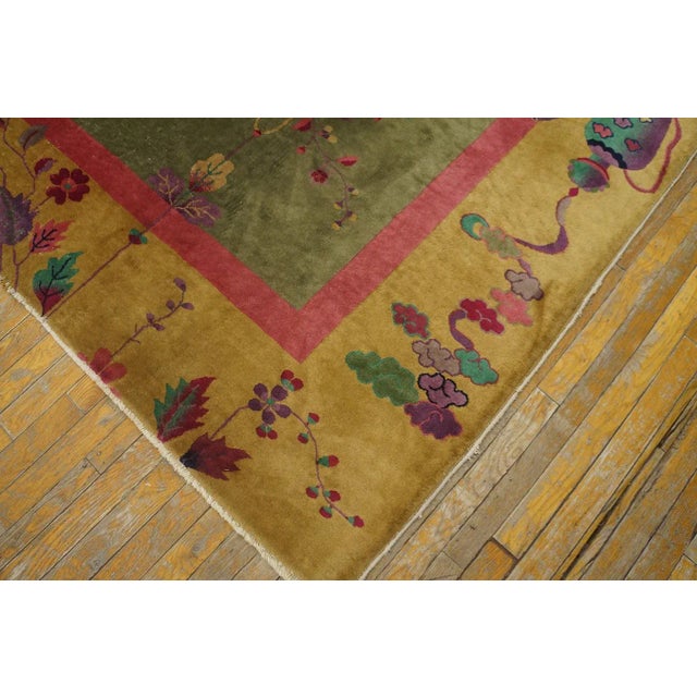 1920s Green Asparagus Vase Floral Antique Chinese Art Deco Rug 9' X 11' 6" Knotted Wool Carpet For Sale - Image 9 of 9