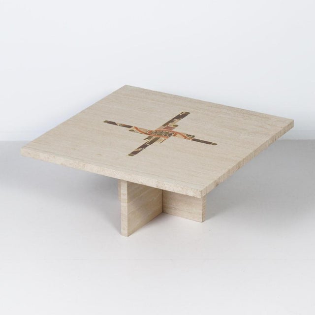 Coffee Table in Travertine with Marble and Brass Inlay by Paul Kingma, 1980 For Sale - Image 4 of 11