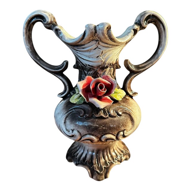 Vintage 1940s Capodimonte Tall Footed Vase Italy Ornate Pink Roses For Sale