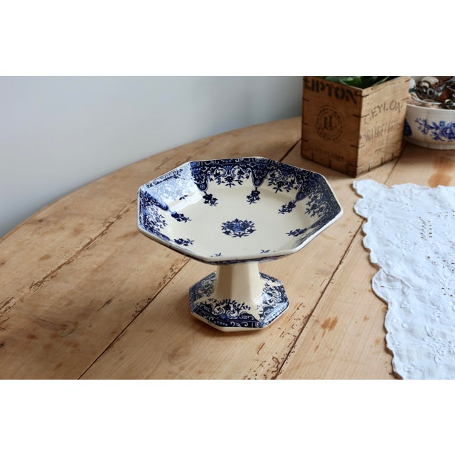 Elegant antique Longchamp ironstone compote dish, Rouen pattern, dating from the late 19th century. Its elegant footed...