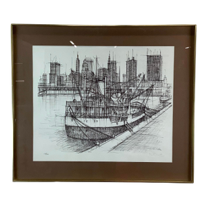 Vintage Nautical Cityscape Lithograph Signed Nivelle