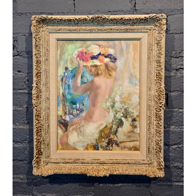 Wallace Bassford- Nude Girl trying a Flowery Hat in the Mirror- Oil painting American Post impressionist - Oil painting on...