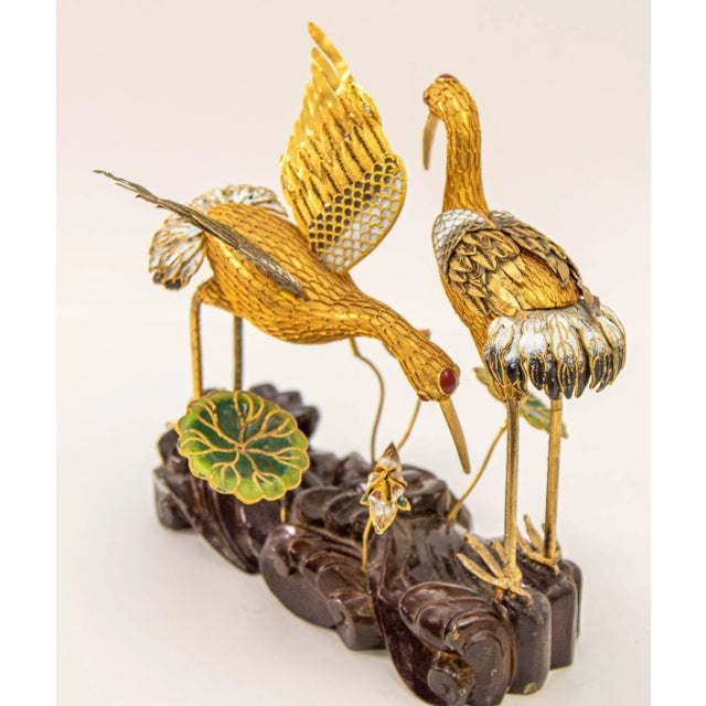 Vintage Chinese Gilt Metal Filigree and Enamel Cranes Figures on Wooden Stand. Mid 20th century circa 1950s Asian fine...