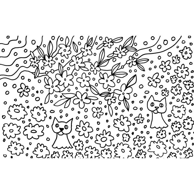 "Two Cats in the Garden" Contemporary Minimalist Ink Drawing on Paper by CL Auker For Sale