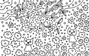 "Two Cats in the Garden" Contemporary Minimalist Ink Drawing on Paper by CL Auker
