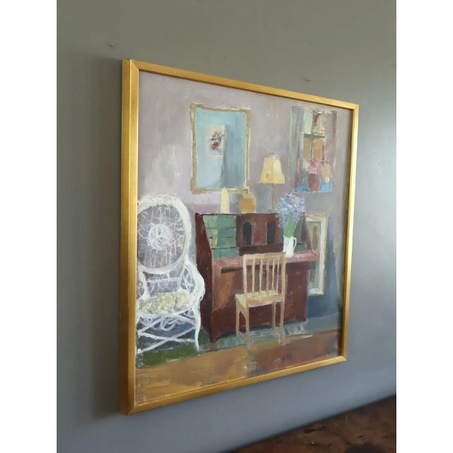 1964 Mid-Century Modern 'Interior With Desk' Original Vintage Swedish Interior Scene Oil Painting, Framed For Sale - Image 4 of 12