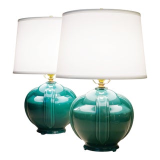 Pair of Art Deco Streamline Idealite Reverse Paint Green Glass Globe Table Lamps, 1930's Harry Laxer For Sale