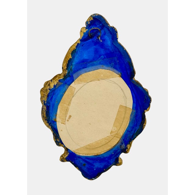 Mid 20th Century Mid‑20th Century European Ornate Rococo‑Style Wood Oval Frame — Gilded Blue With Floral Botanical Silk‑Screen Print For Sale - Image 5 of 12