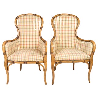 Set of Armchairs in Checkered Fabric & Wood, 1920s For Sale