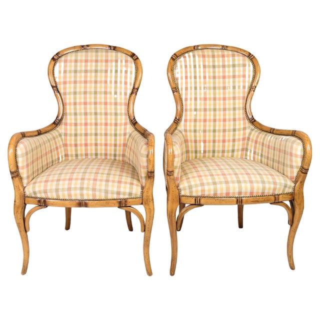 Set of Armchairs in Checkered Fabric & Wood, 1920s For Sale