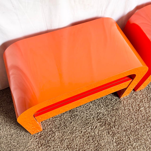 Postmodern Tangerine Orange Lacquer Laminate Waterfall Nighstands/Side Tables For Sale In Miami - Image 6 of 8