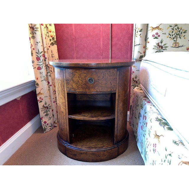 George III Style burl walnut oval accent side table or nightstand with a single drawer and open bookcase front by...