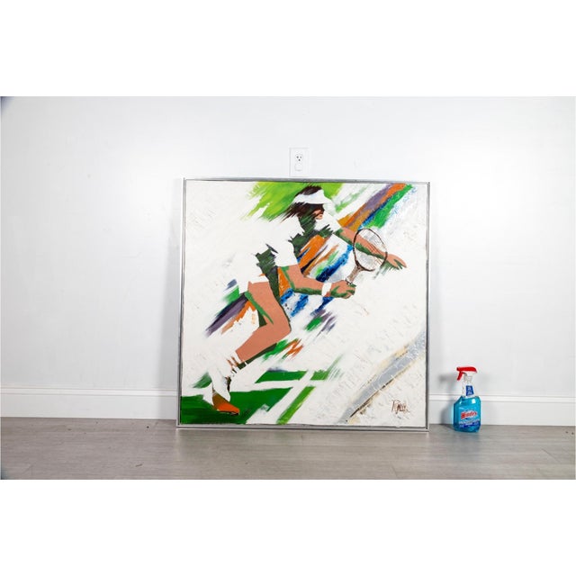 A dynamic contemporary mixed-media painting depicting a female tennis player in motion, poised with racket extended during...