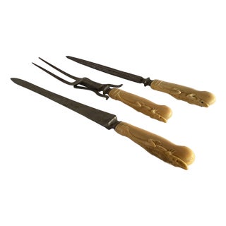 19th Century Hand-Carved Bone Alligator Handled Culinary Carving Set - Set of 3 For Sale