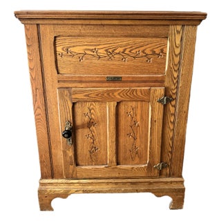 Vintage 1910s Alaska Ice Box Wood Cabinet With Carved Details For Sale