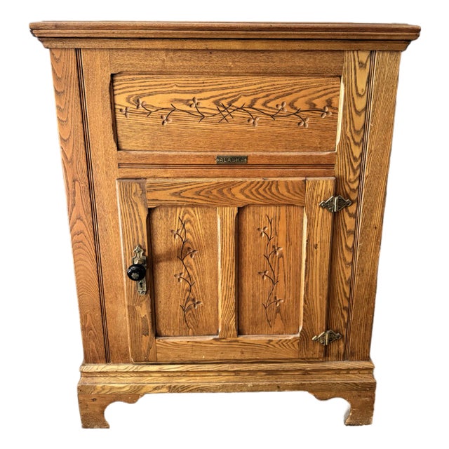 Vintage 1910s Alaska Ice Box Wood Cabinet With Carved Details For Sale
