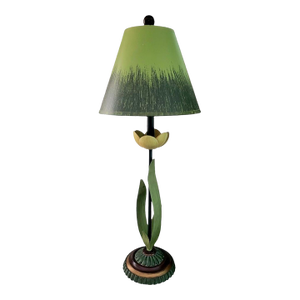 Vintage Wildwood Style Colorful Tole Floral Tulip Green Yellow Decorative Table Lamp