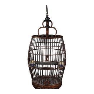 Vintage Hardwood Birdcage With Gemstone Inlay and Porcelain Cups For Sale