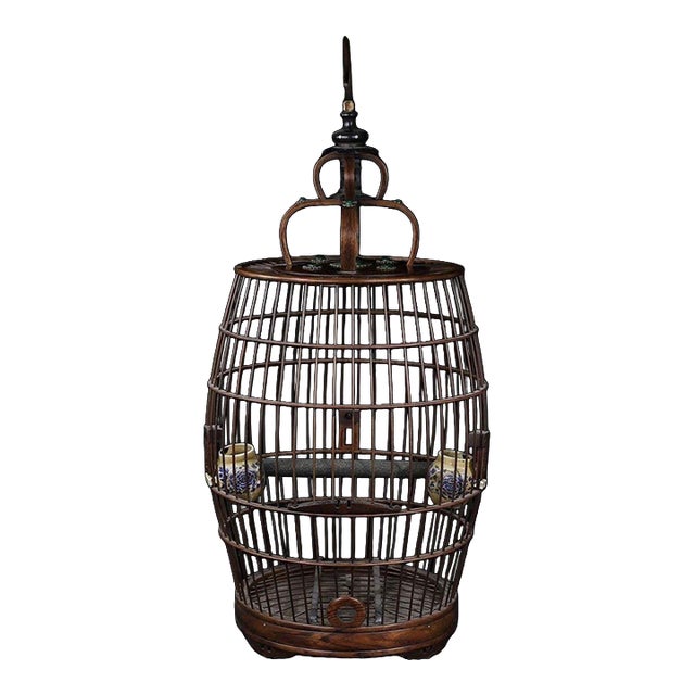 Vintage Hardwood Birdcage With Gemstone Inlay and Porcelain Cups For Sale