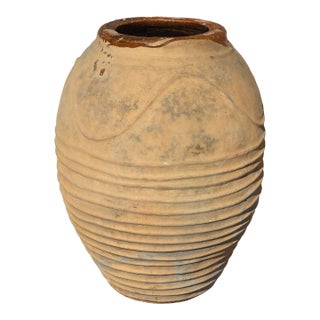 Antique Large 32" Mediterranean Textured Terracotta Olive Jar With Brown Glazed Rim For Sale