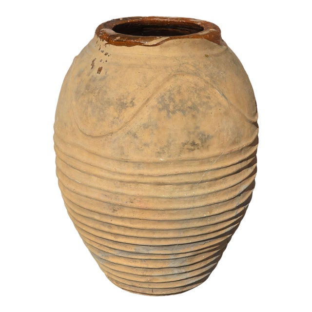 Antique Large 32" Mediterranean Textured Terracotta Olive Jar With Brown Glazed Rim For Sale