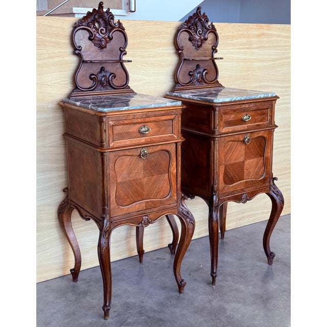 Antique French Mahogany Night Stands with marble top and crest, 1900, A Pair For Sale - Image 16 of 18
