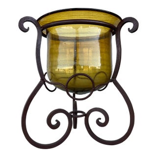 Vintage Cast Iron & Amber Glass Large Candle Holder or Planter For Sale