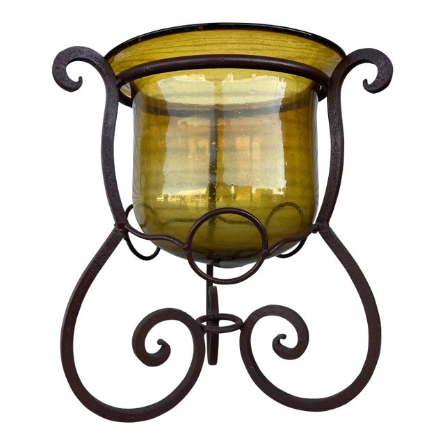 Vintage Cast Iron & Amber Glass Large Candle Holder or Planter For Sale