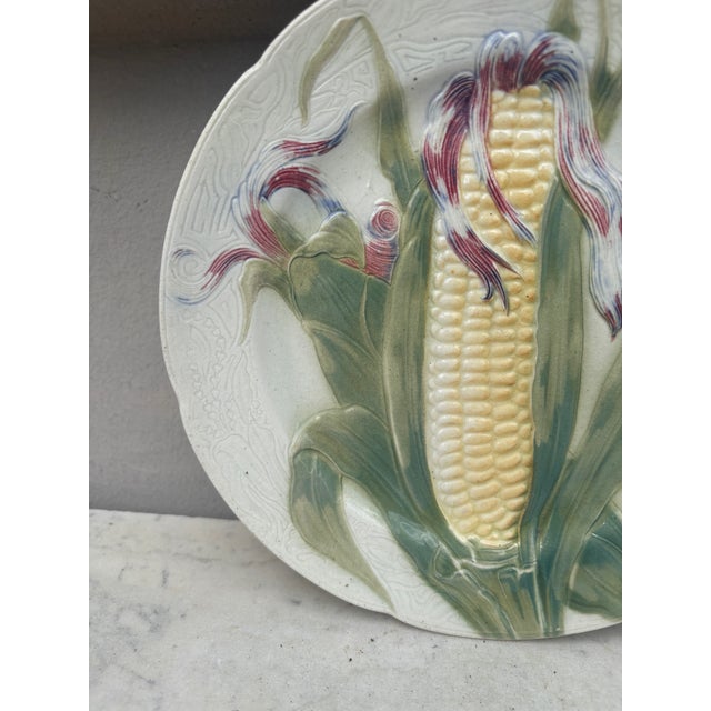 French Country Majolica Corn Keller & Guerin Saint Clement Plate For Sale - Image 3 of 4