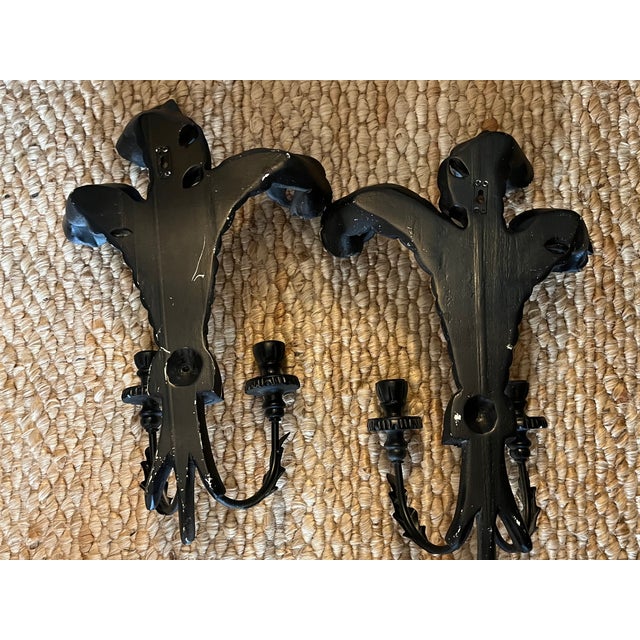 Hollywood Regency Pair of Hollywood Regency Black Candle Sconces With Plumes in the Style of Tony Duquette For Sale - Image 4 of 4