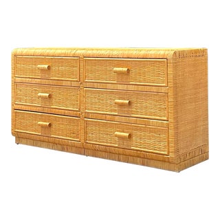 Vintage Costal Woven Rattan Six Drawer Dresser For Sale