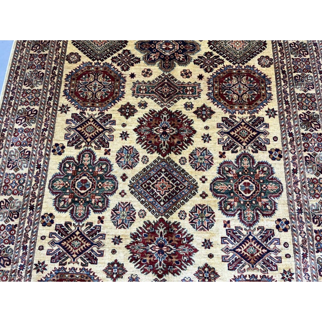 Textile Cream Kazak Tribal Wool Rug With Medallions, 5'4" X 7'4" For Sale - Image 7 of 14