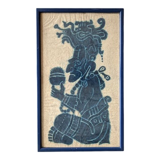 Vintage Mayan Temple Batik Art in Blue Frame For Sale