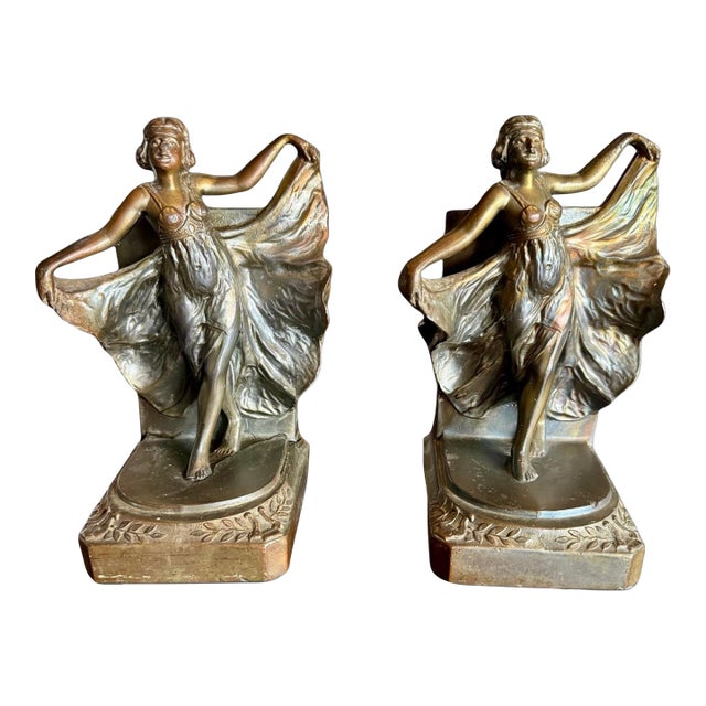 Antique Art Deco Flapper Girl Spelter Bookends-Loie Fuller-Bronze Finish-Pair For Sale