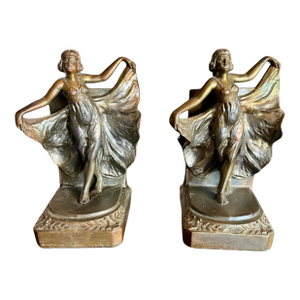 Antique Art Deco Flapper Girl Spelter Bookends-Loie Fuller-Bronze Finish-Pair