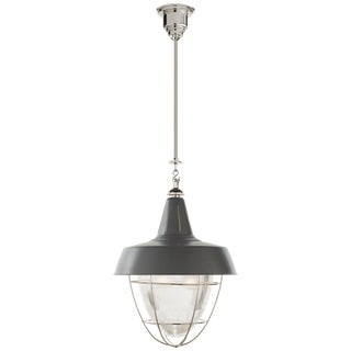 Thomas O'Brien for Visual Comfort Signature Henry Industrial Hanging Light in Polished Nickel & Green Shade with Industrial Prismatic Glass For Sale