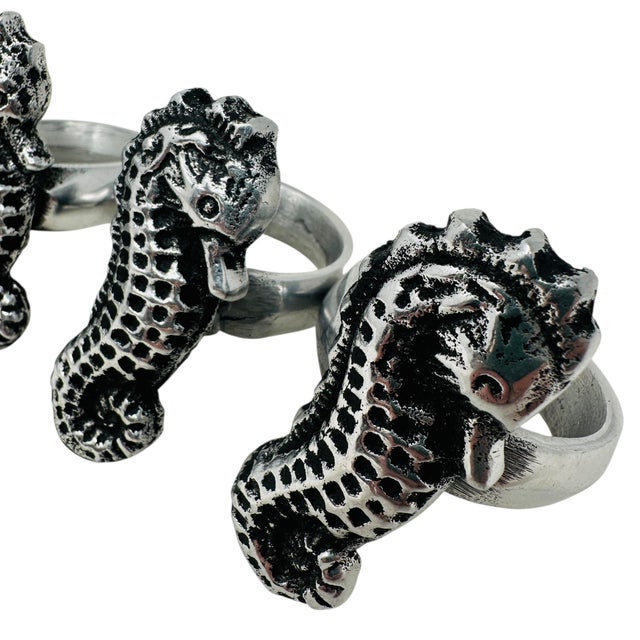 Nautical Vintage Seahorse Napkin Rings (Set of 6) | 1990s Nautical Coastal Table Decor | Antique Silver Tone Metal by India Handicrafts Inc. For Sale - Image 3 of 11