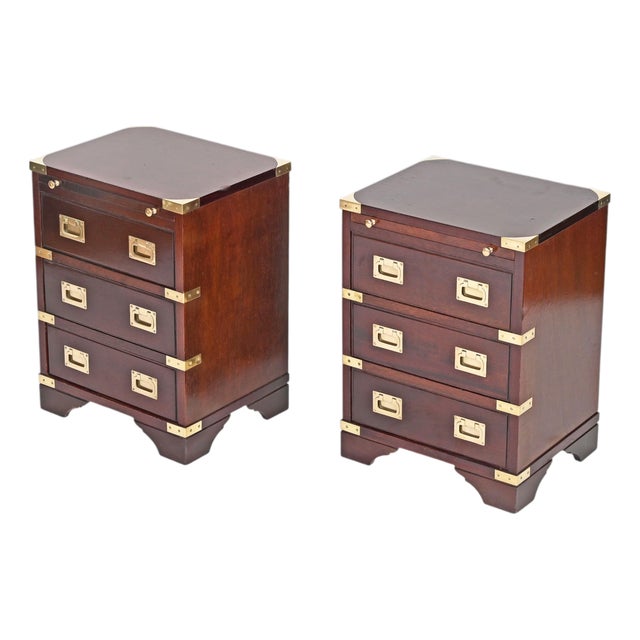 Campaign Style Nightstands in Wood and Brass, 1950, Set of 2 For Sale