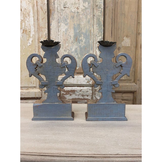 Mid 20th Century Italian Tuscan Carved Wood Pedestal Candle Holders - a Pair For Sale - Image 5 of 7