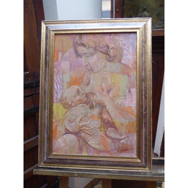 Signed Mother and Child Portrait, Oil on Board, circa 1960s–1970s Material: Oil on board A charming mid-20th-century oil...