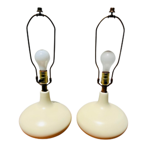 Pair of Mid Century Modern Ivory Ceramic Table Lamps Signed Lotte and Gunnar Bostlund
