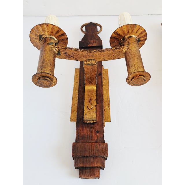 Gold Vintage Spanish Revival Gilded Wrought Iron & Wood Wall Sconces-a Pair For Sale - Image 8 of 12