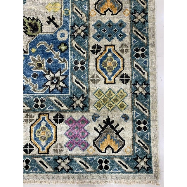 Contemporary 9x12 Ivory Hand-Knotted Wool Stacked Diamond Motifs Traditional Carpet Rug For Sale - Image 3 of 5