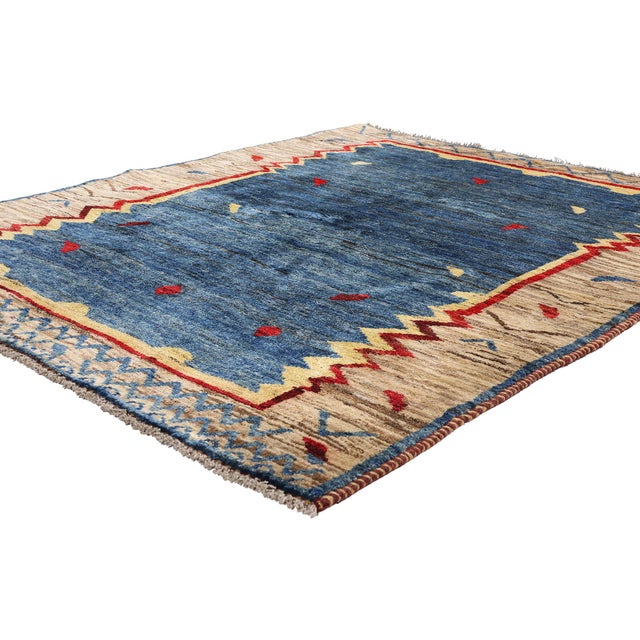61542 Vintage Persian Gabbeh Rug, 05'01 x 06'05. The Tribal Horizon: A Vintage Persian Gabbeh Masterpiece of Elemental...
