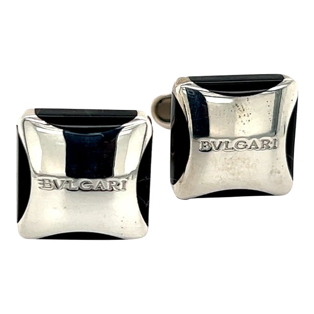 Late 20th Century Bulgari Estate Onyx Cufflinks Sterling Silver 19.24 Grams, A Pair For Sale