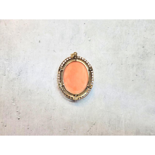 Late 19th Century Antique Carved Coral Gold Cameo With Pearl and Diamonds For Sale - Image 5 of 9