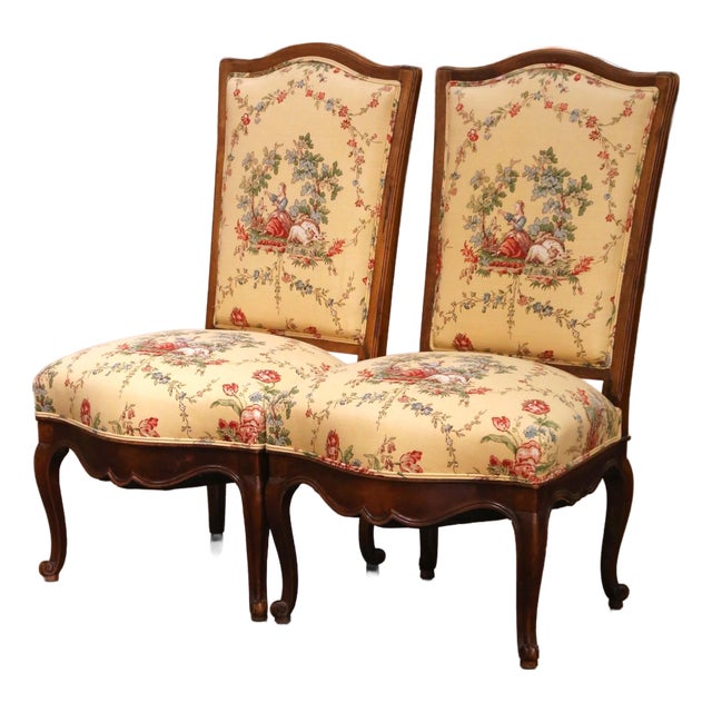 Pair 19th Century French Louis XV Walnut Side Chairs With Provençal Upholstery For Sale